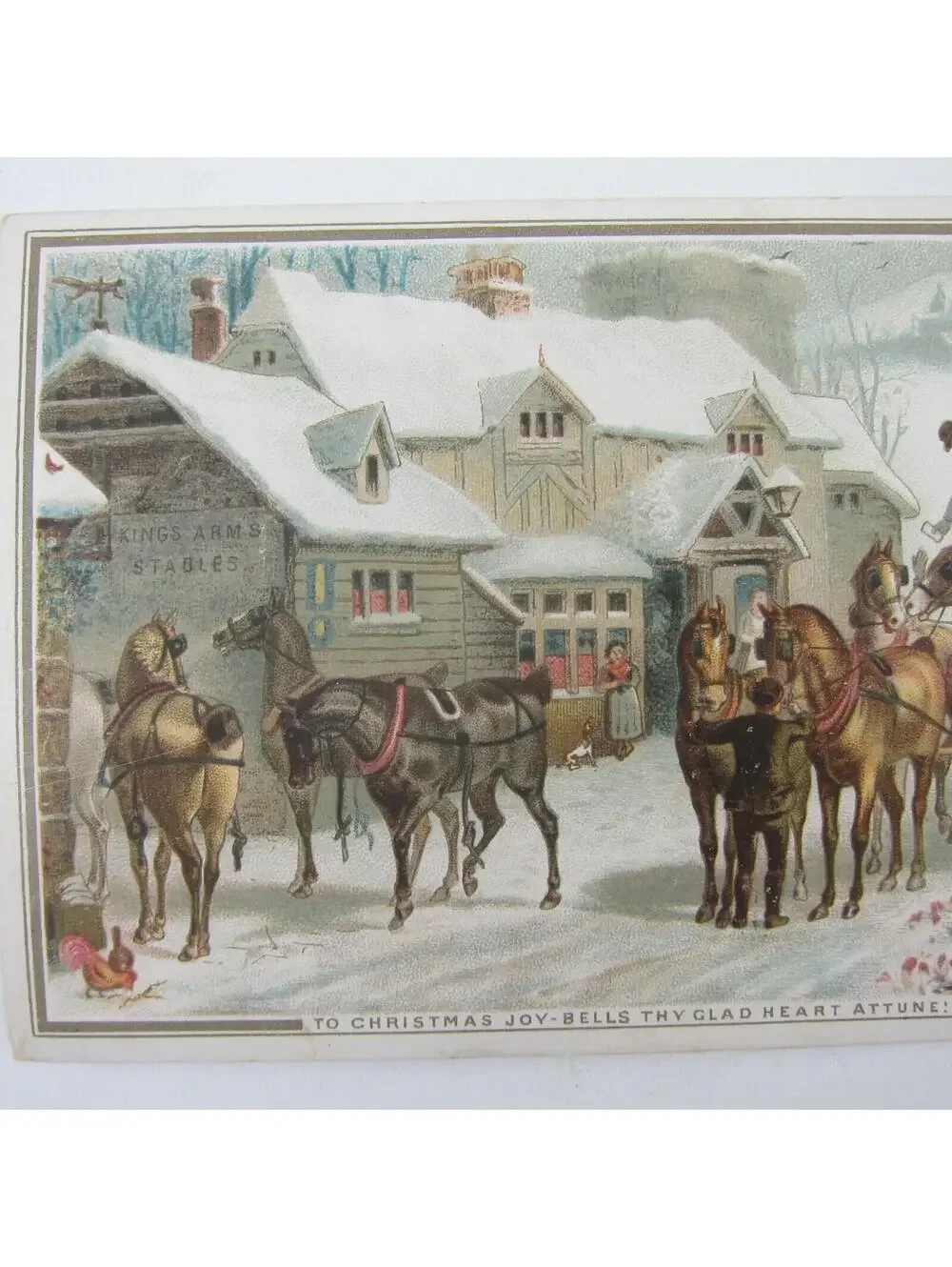 Victorian Greeting Card Christmas Stagecoach Horses Snowy Stables Antique